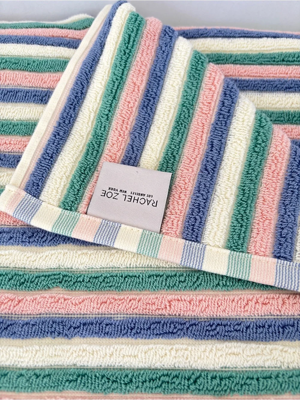 NWT Rachel Zoe Cotton Bath Towels Set of 2 Retro Pastel Striped Ribbed Coastal
